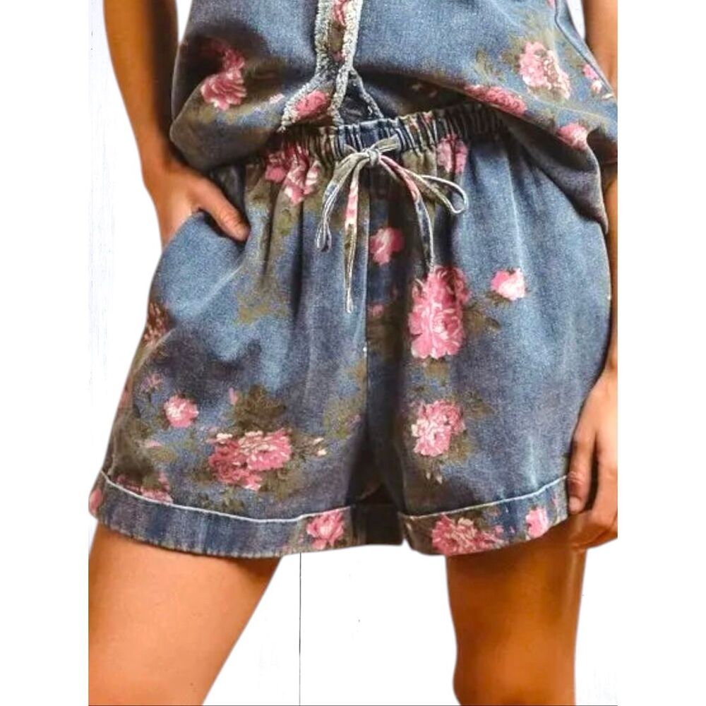 BiBi Floral Denim Short High Rise Drawstring Pink Rose Print Relaxed Fit Pockets - Picture 2 of 12